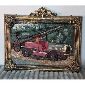 Heavy Vtg Cast Iron Ladder Fire Truck Painted Heavy Wall Plaque Display Decor